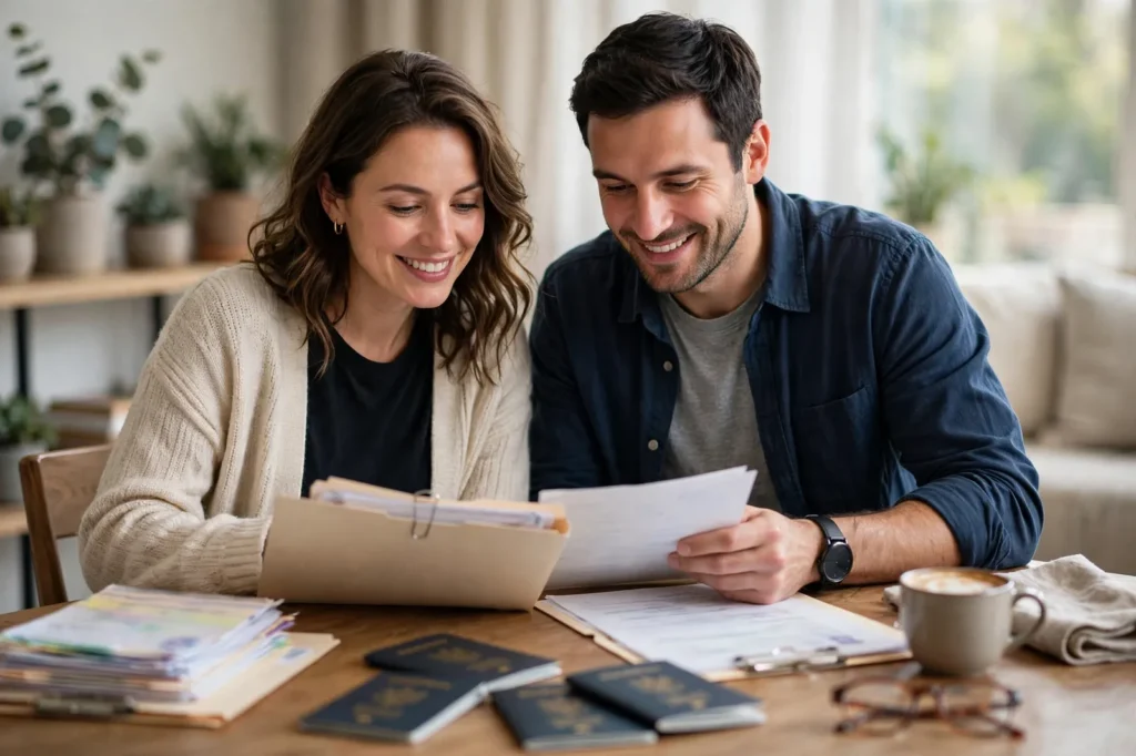 A couple reviewing their residence application documents and passports