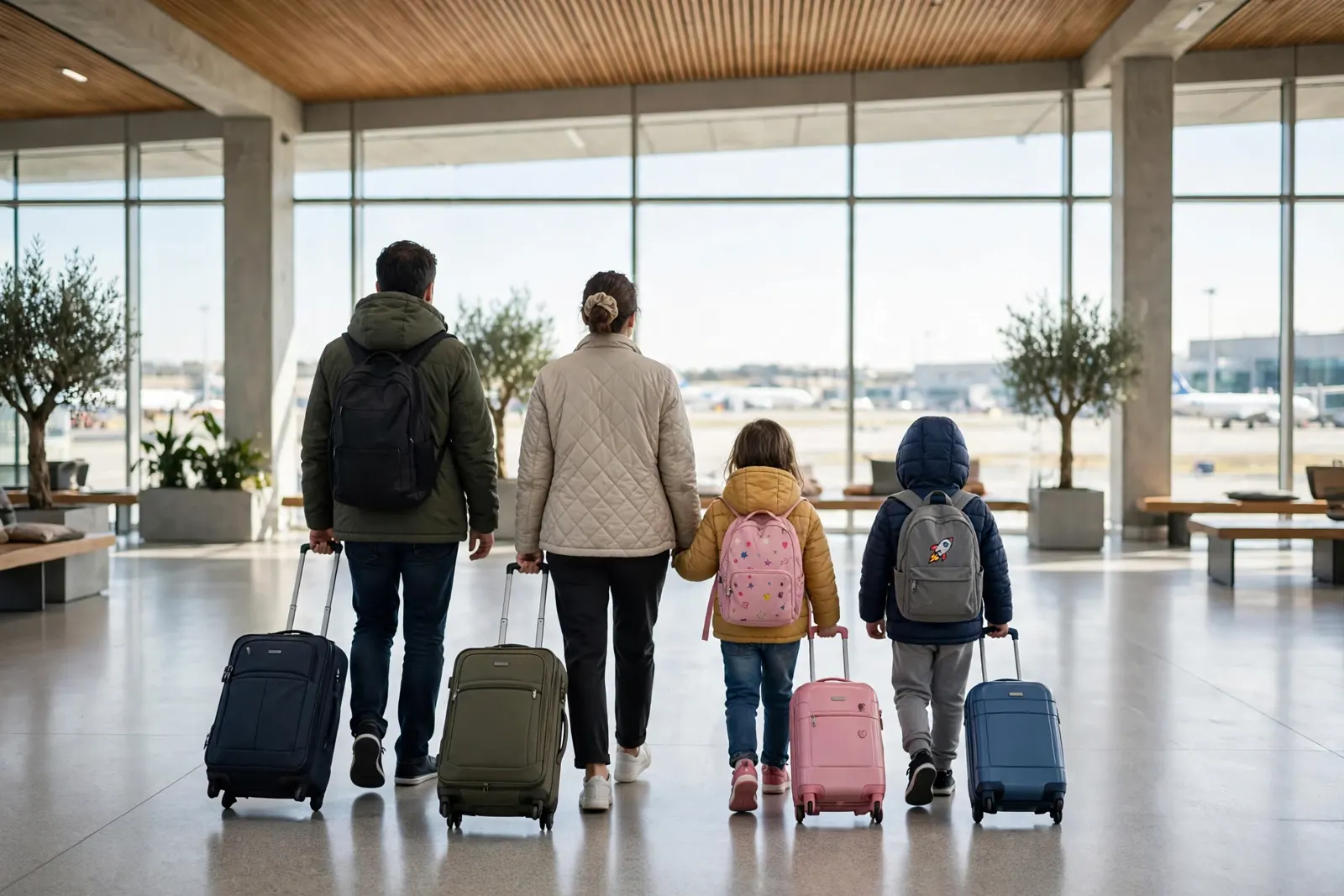 A family with suitcases arriving at a New Zealand airport, seen from behind in bright natural light