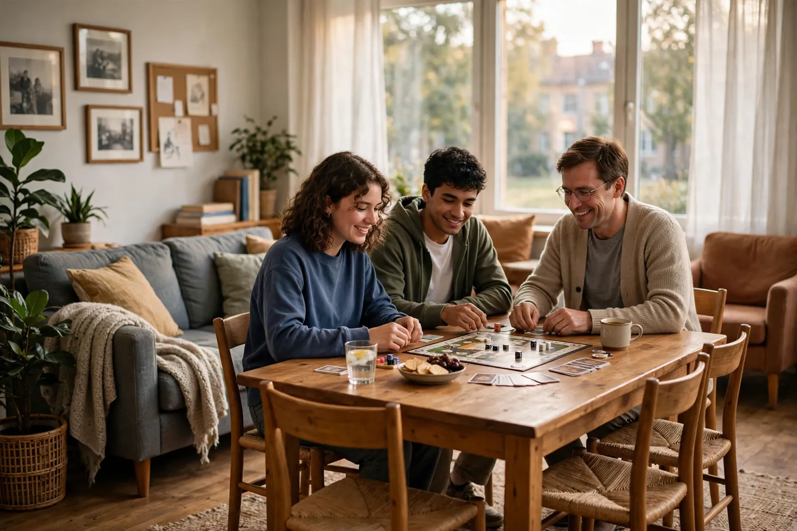 Students and a staff member playing a board game in the shared living room of a school residence