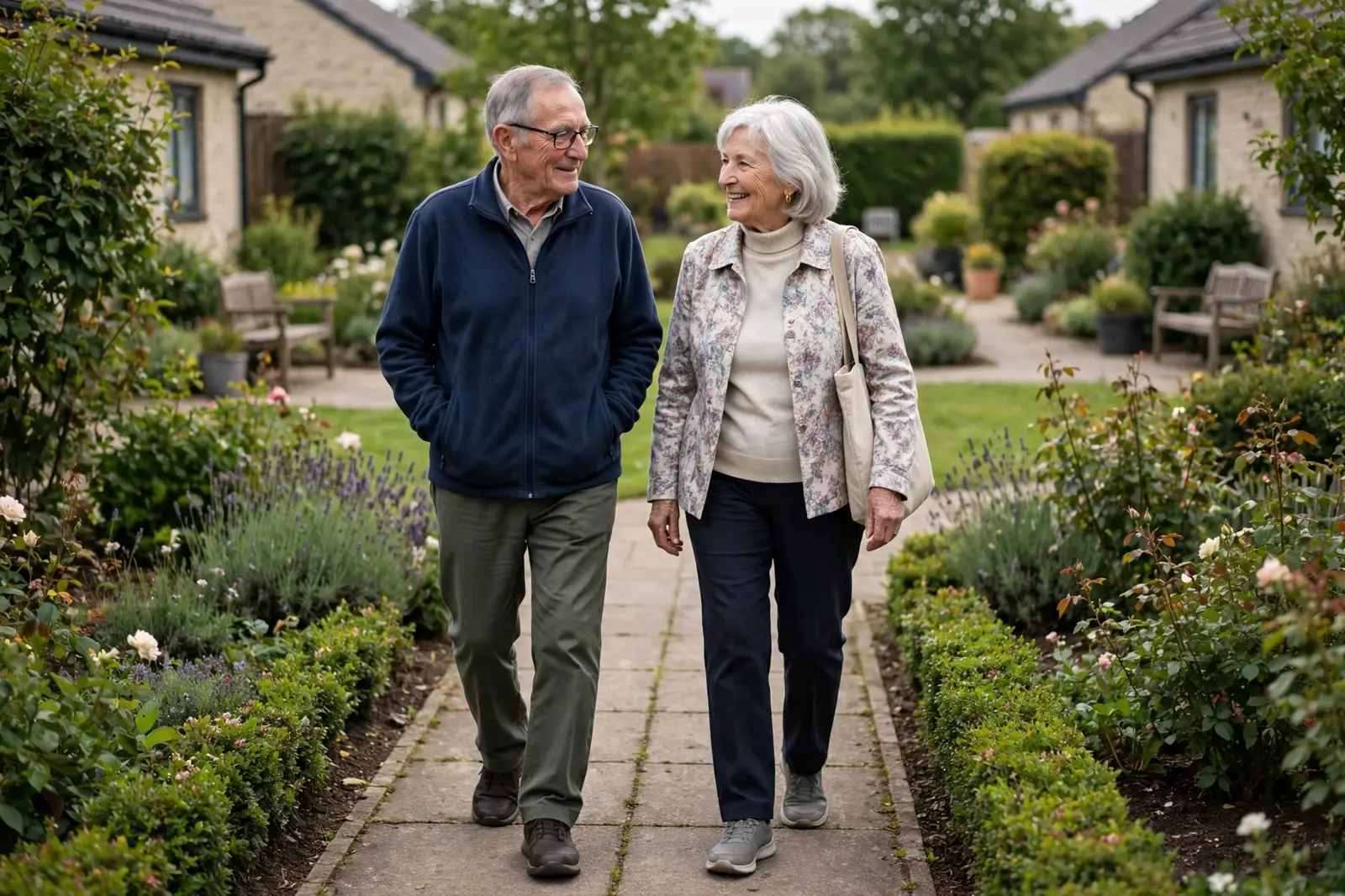 Residents walking in a retirement village garden