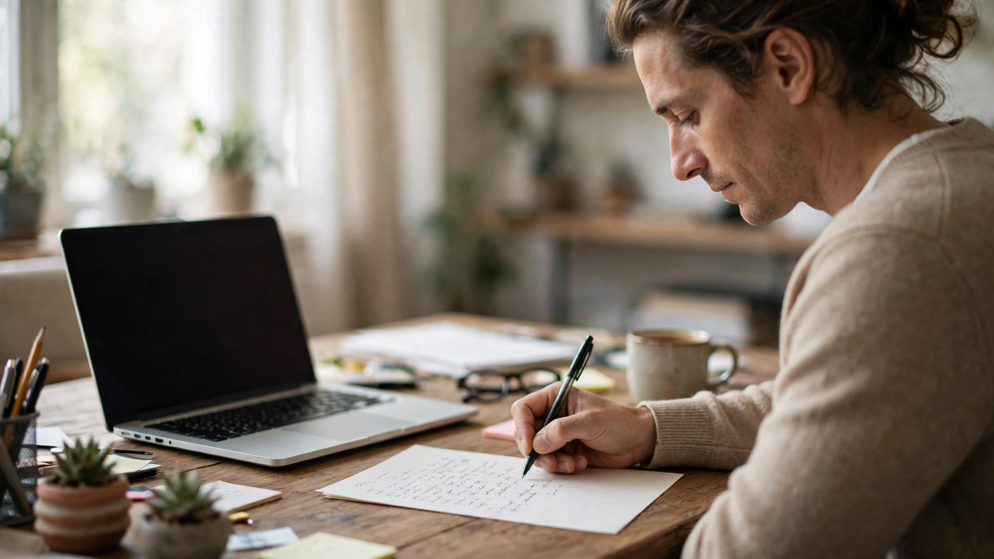 Person writing a resignation letter by hand at a desk with a laptop beside them