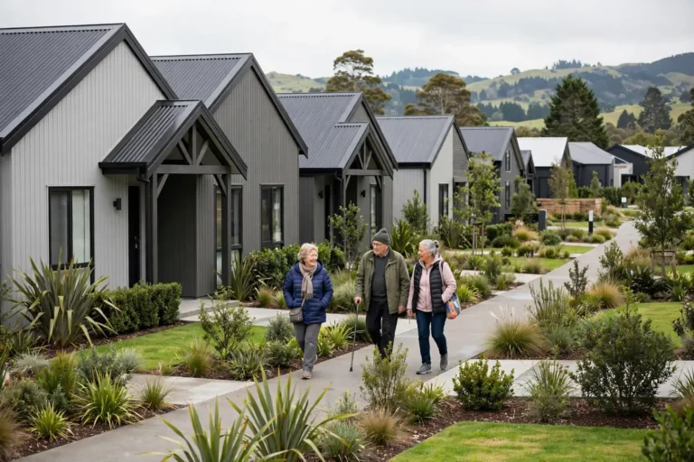 Residents walking past villas in a retirement village