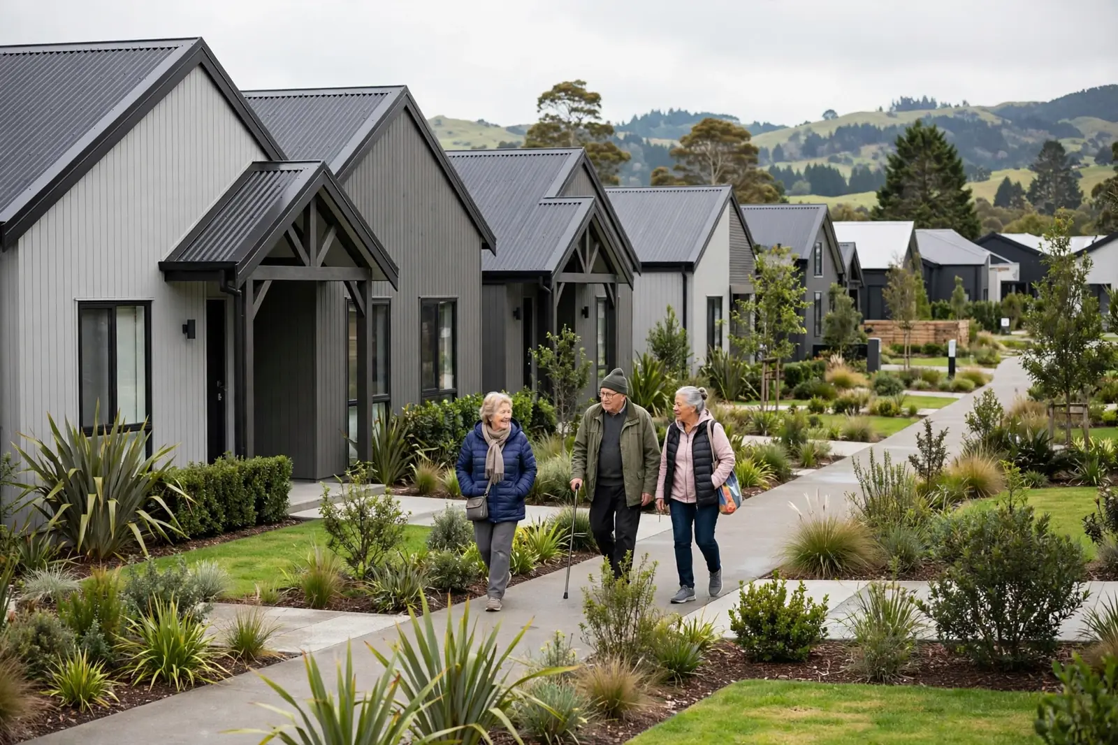 Residents walking past villas in a retirement village