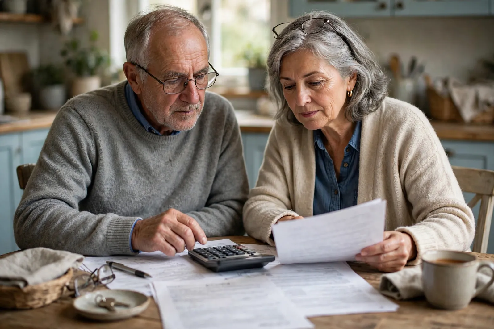 An older couple reviewing reverse mortgage documents at home