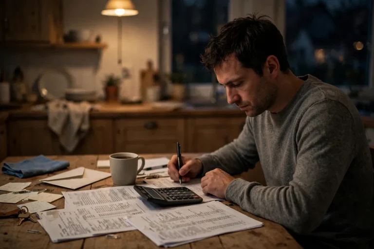 A person reviewing a household budget at a kitchen table
