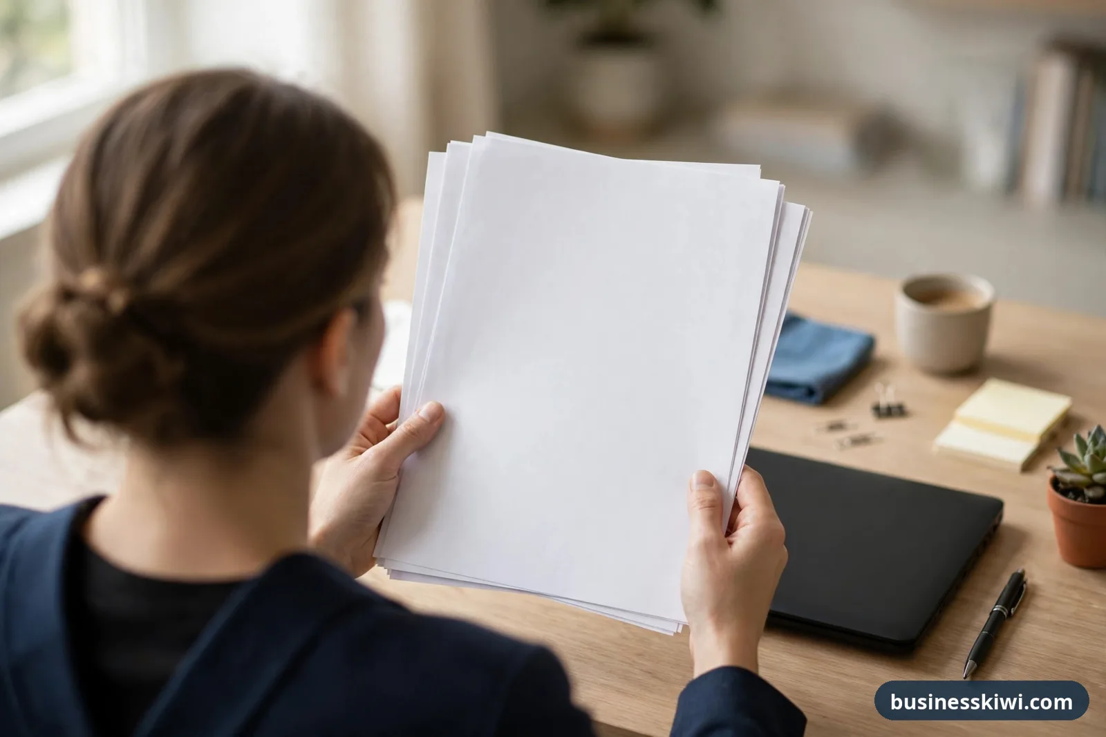 A business owner reading a multi-page engagement letter at a desk before signing