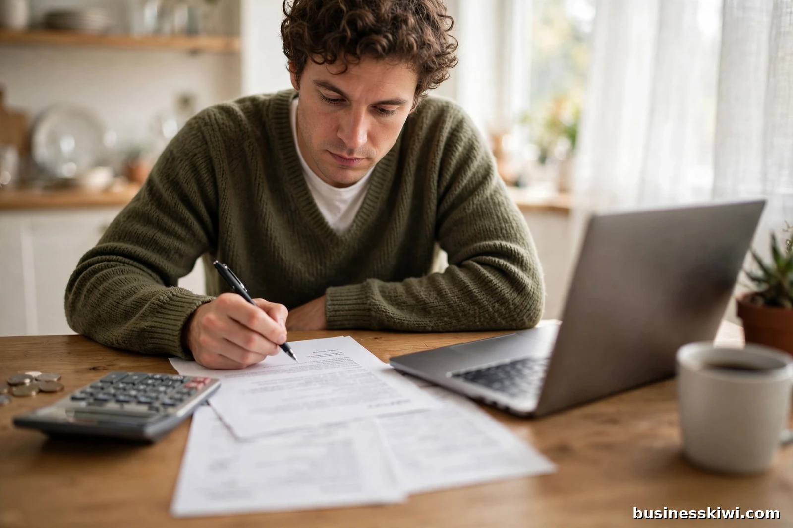 A person at home reviewing an employment agreement and payslip at a table with a laptop and calculator