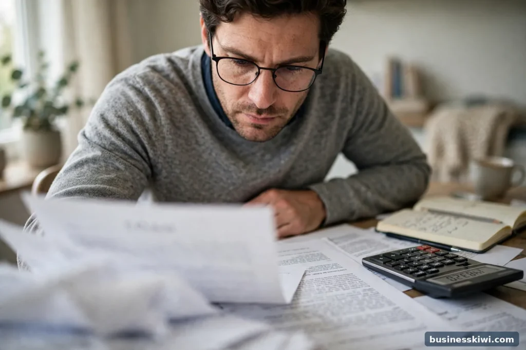 A man reading loan paperwork closely with a calculator beside him