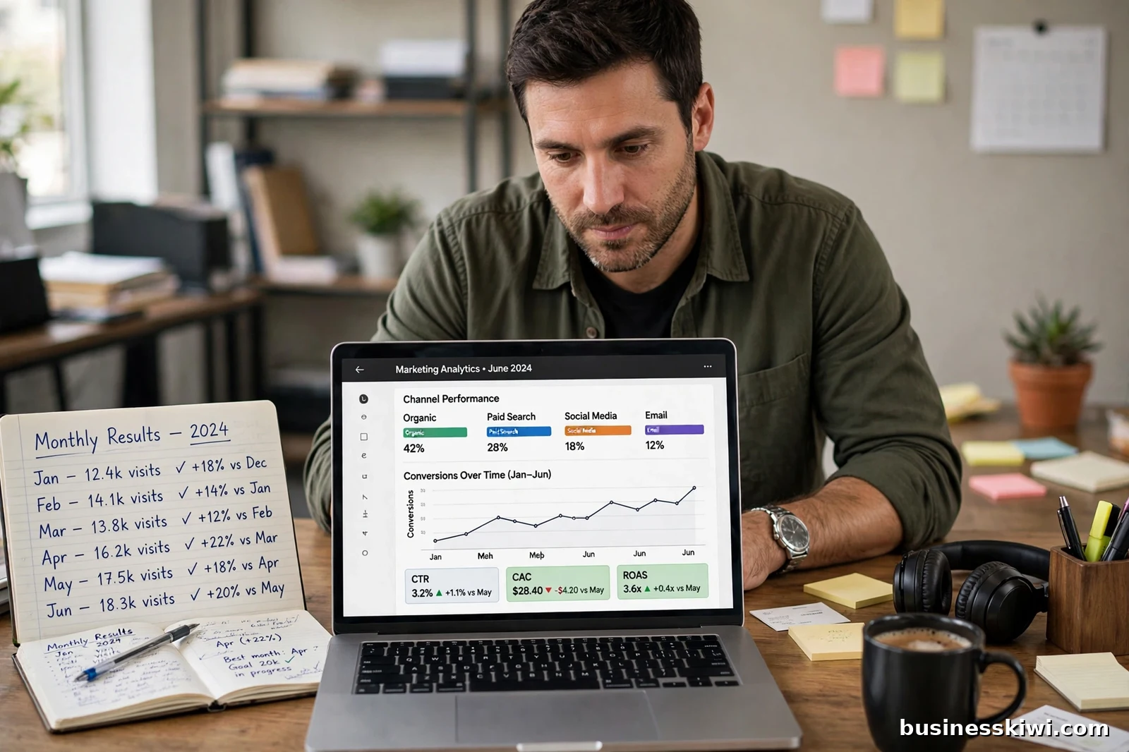 A business owner reviewing his marketing analytics and monthly results notebook, businesskiwi.com
