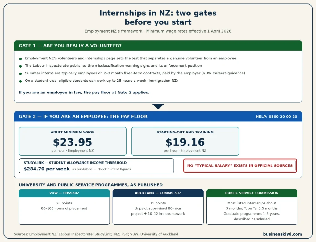Internships NZ rights gates infographic: Employment NZ volunteer test and misclassification warning signs, minimum wage $23.95 adult and $19.16 starting-out from 1 April 2026, StudyLink threshold $284.70 per week, and university programme facts from VUW and Auckland