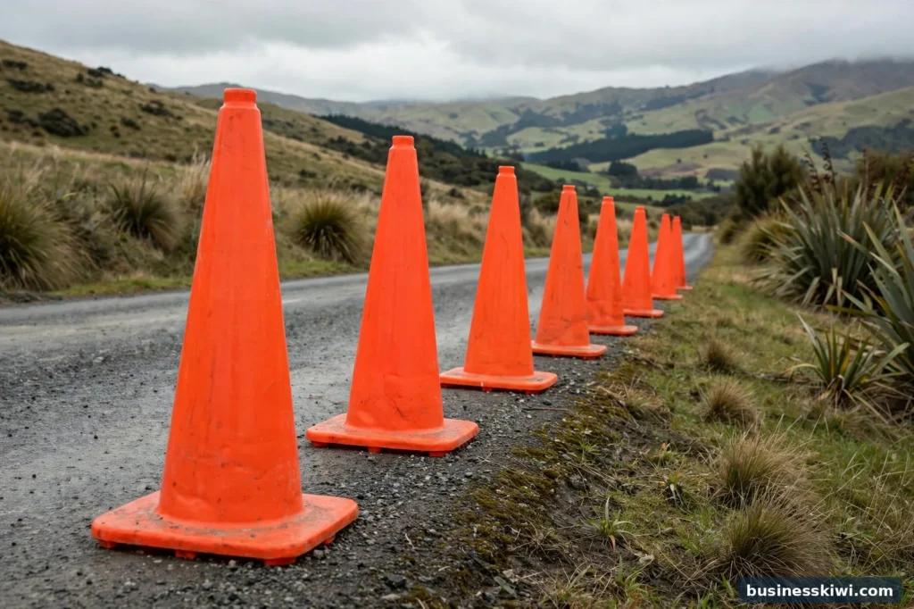 Traffic cones along a roadworks site