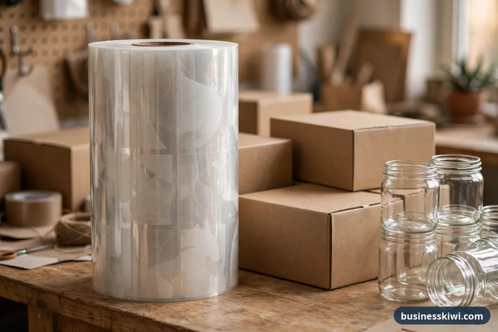 A roll of transparent clear labels standing on a small business packing bench beside plain cardboard boxes and empty glass jars waiting to be labelled