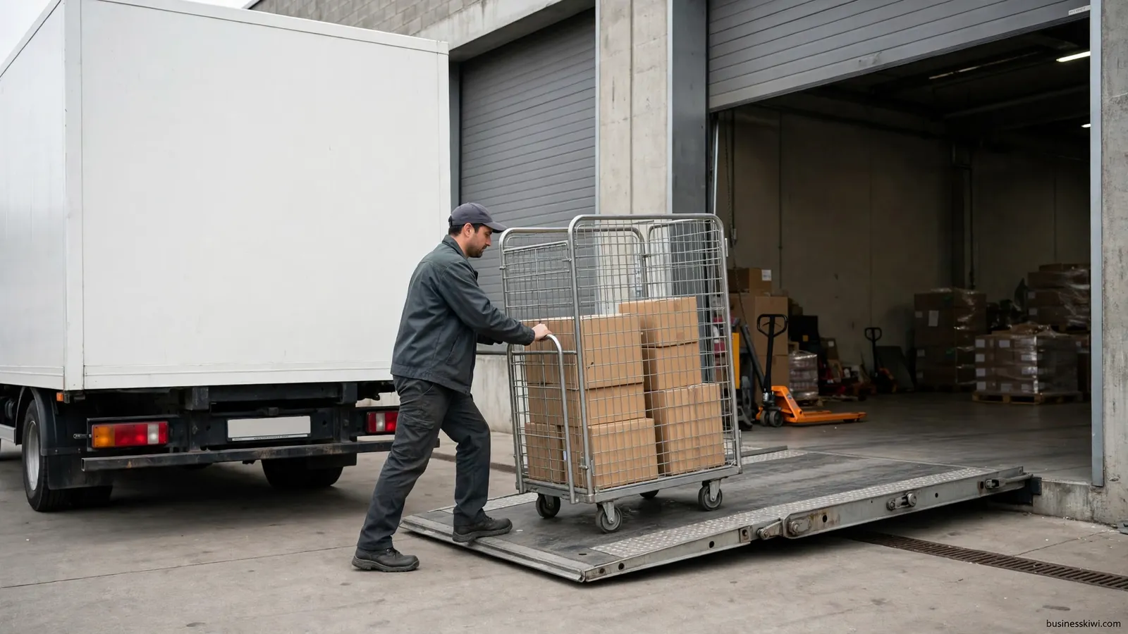 Rolling a loaded cage onto a tail lift