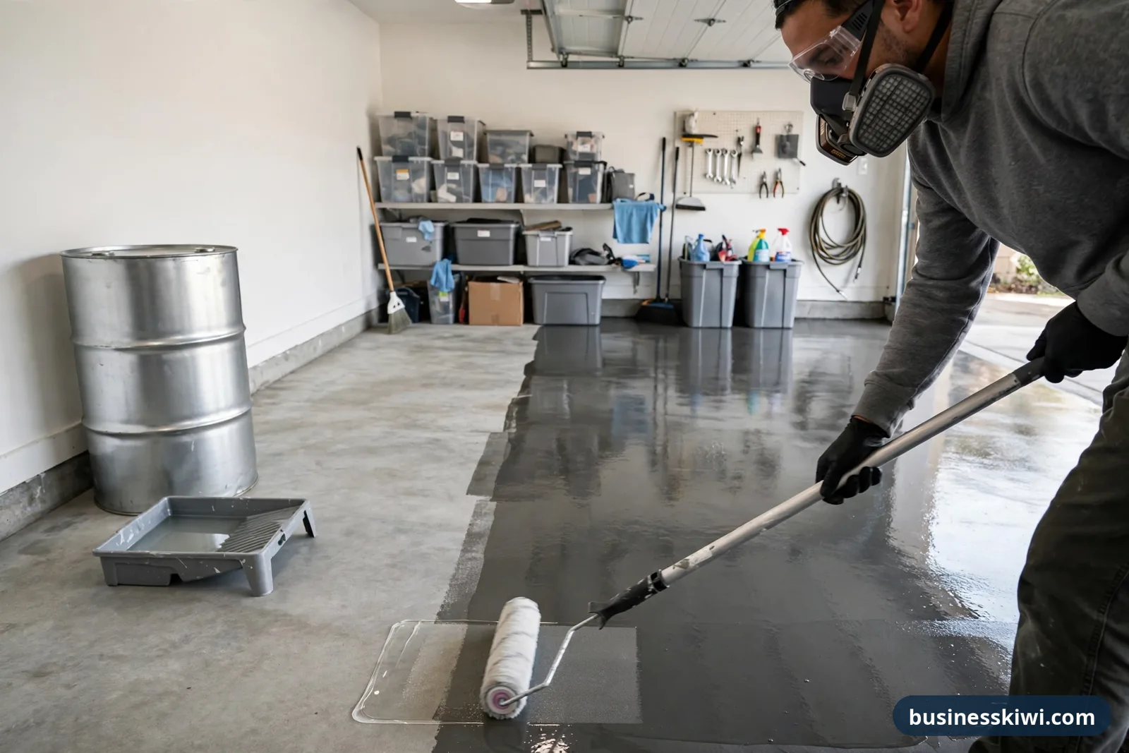 Applying clear concrete sealer to a garage floor with a roller, wearing a respirator, safety glasses and gloves, with the sealed half darker and glossier