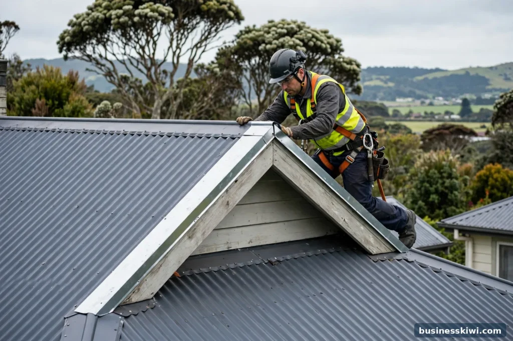 A roofer fitting barge flashing on a gable edge