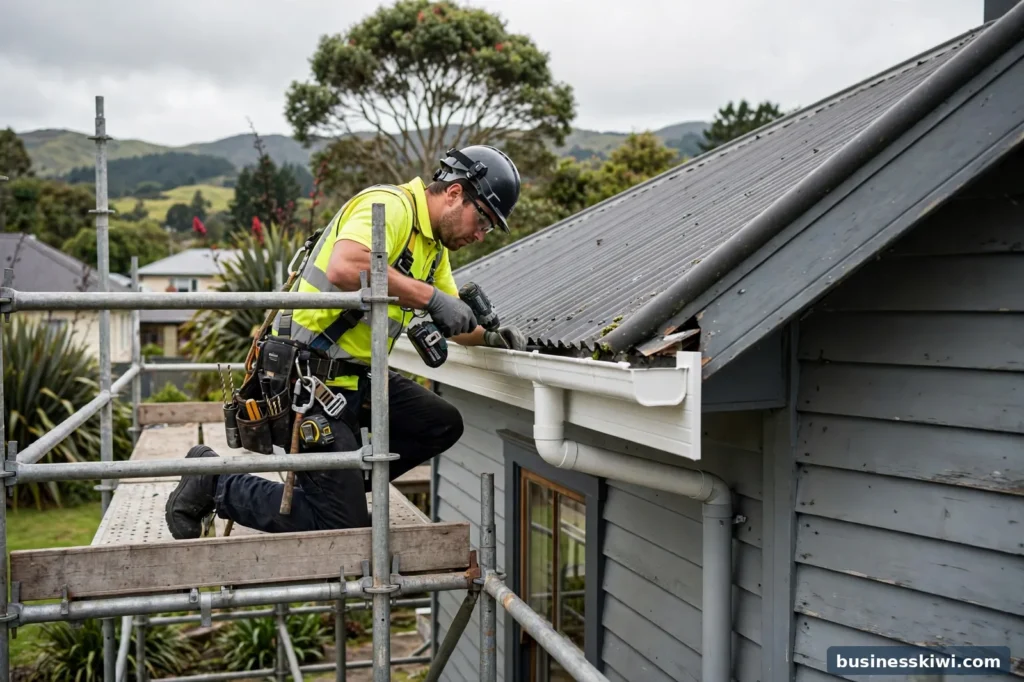 A roofer fitting a fascia board and spouting from scaffolding