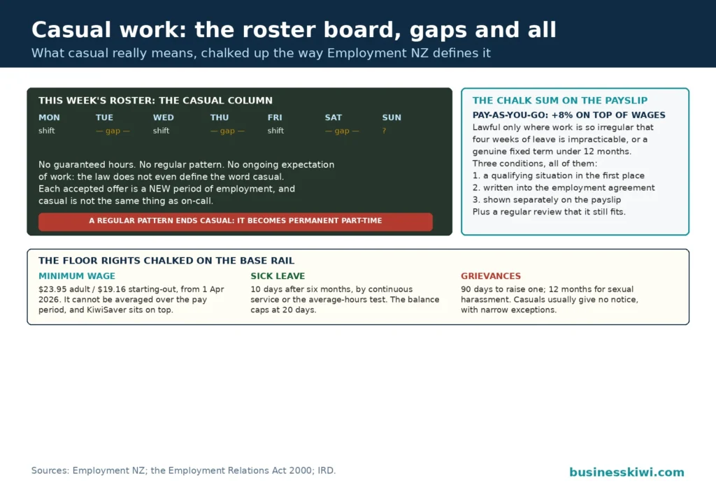 Casual work roster board: a casual column full of gaps showing no guaranteed hours, no regular pattern and no ongoing expectation of work, the pay-as-you-go chalk sum of 8 percent on top of wages with its three conditions, the rule that a regular pattern turns the job permanent part-time, and the floor rights of minimum wage, sick leave and grievance windows on the base rail