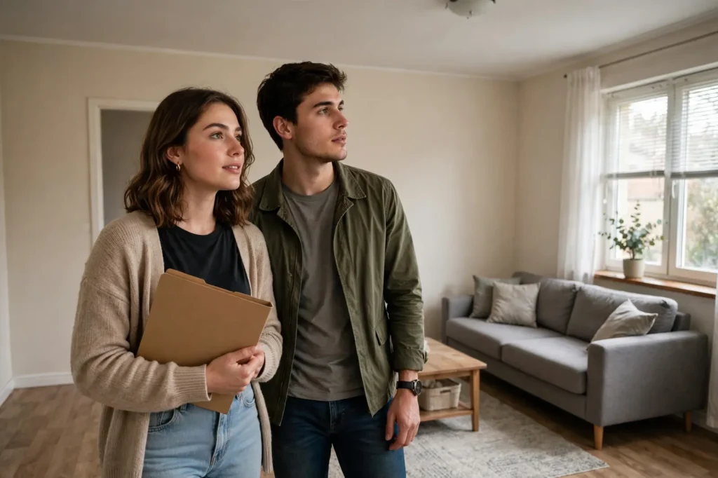 A couple viewing a rental home with their application folder