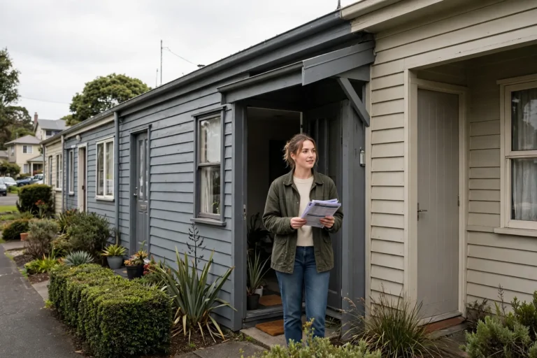 A flat owner holding documents outside a row of New Zealand flats sharing a roofline