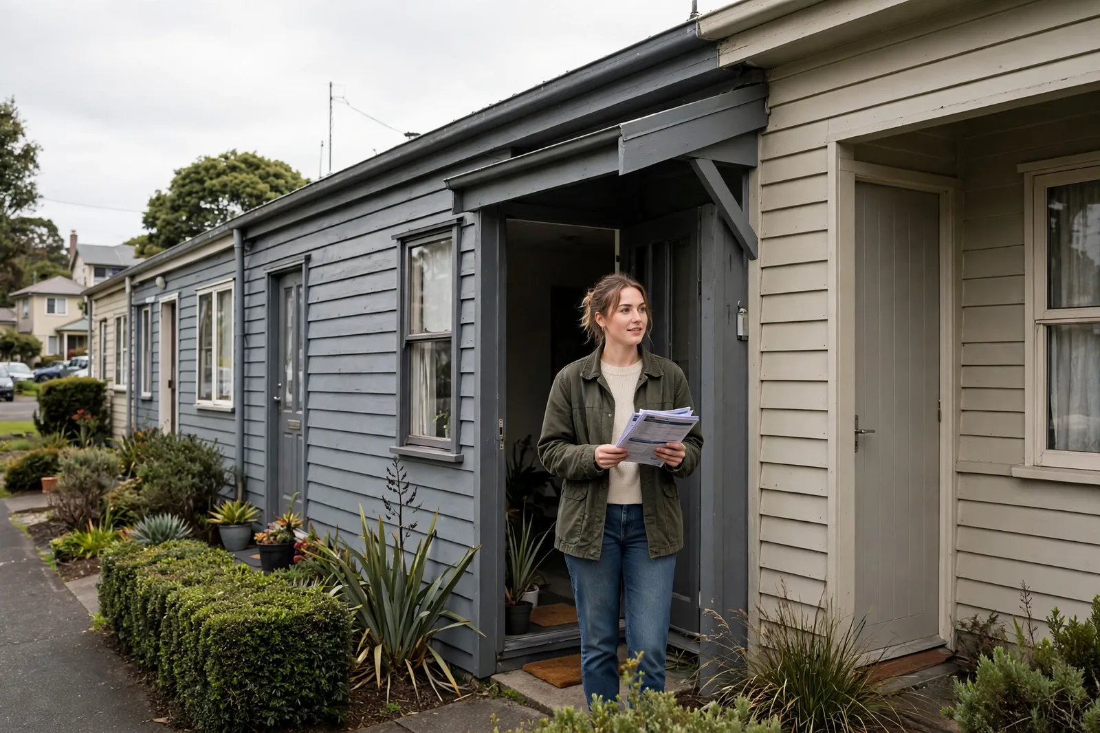 A flat owner holding documents outside a row of New Zealand flats sharing a roofline