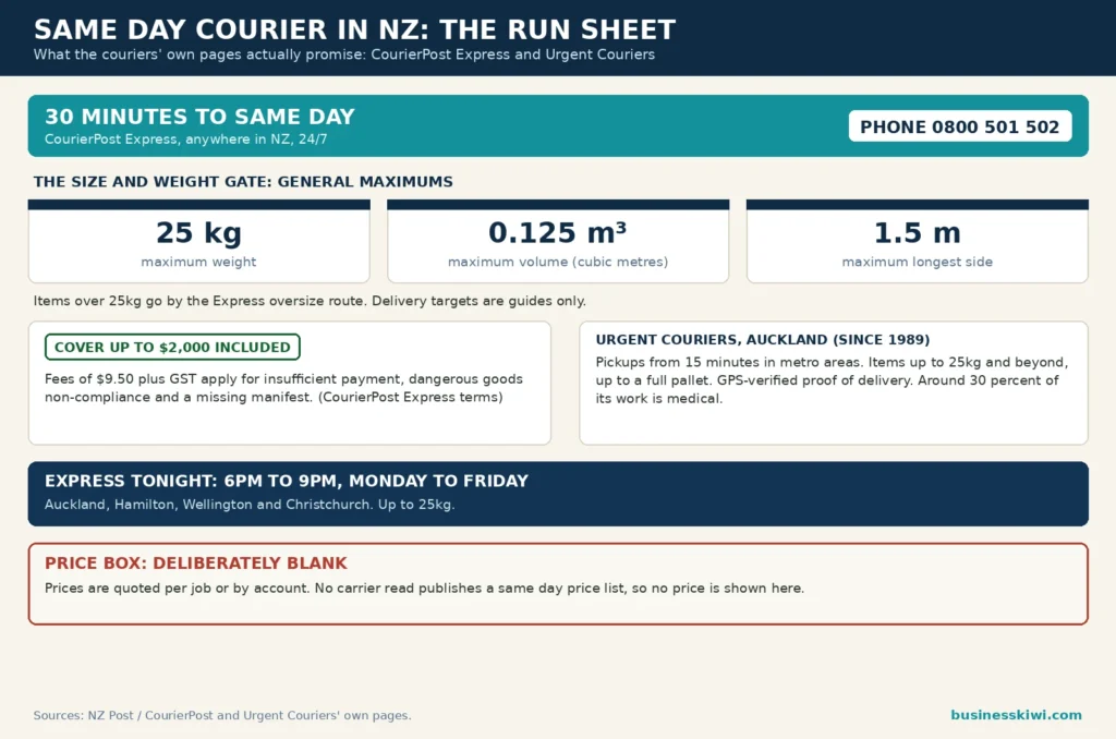 Same day courier run sheet infographic: CourierPost Express 30 minutes to same day 24/7, maximums 25kg, 0.125 cubic metres and 1.5m, $2,000 cover included, $9.50 plus GST fees, Express Tonight 6pm to 9pm in four cities, and no published price list