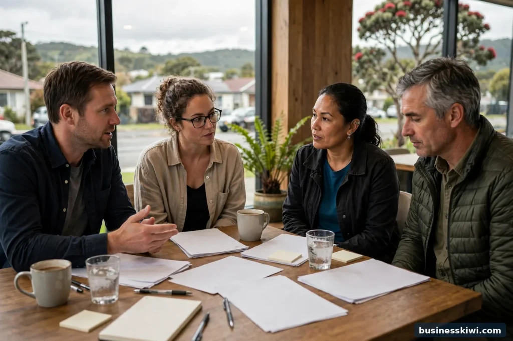 A small business team discussing health and safety