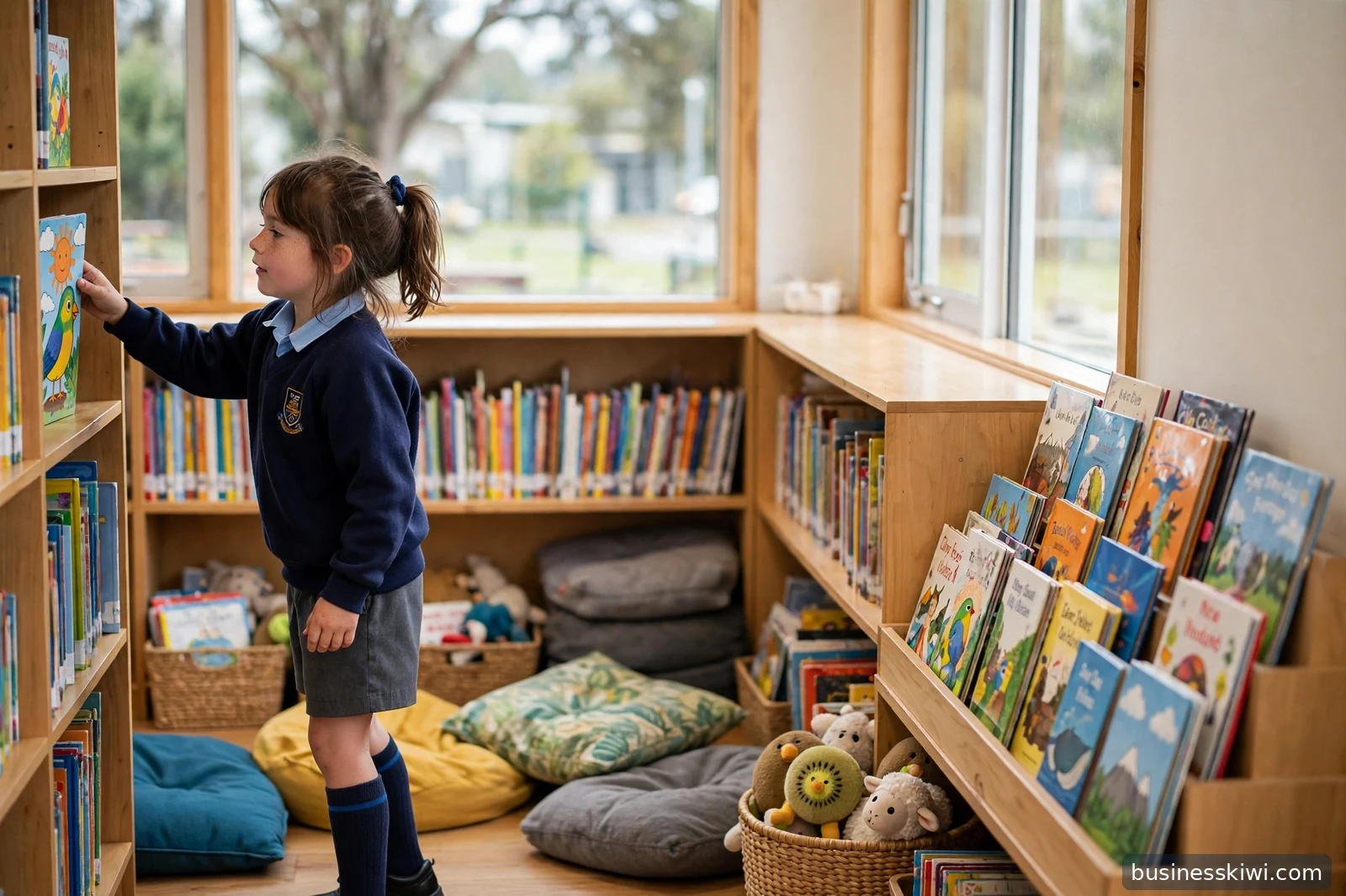 A young schoolgirl in uniform choosing a book from the low shelves in her primary school library, businesskiwi.com