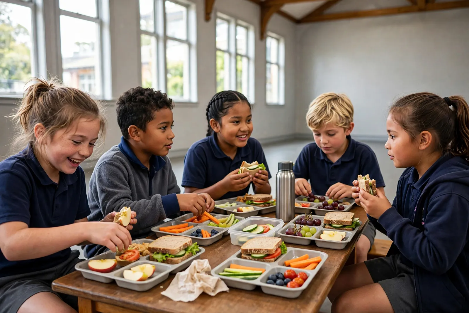 Children eating a healthy school lunch together at a table in a New Zealand school hall
