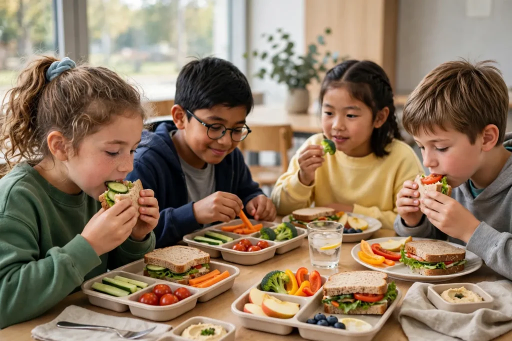 Children eating healthy school lunches together