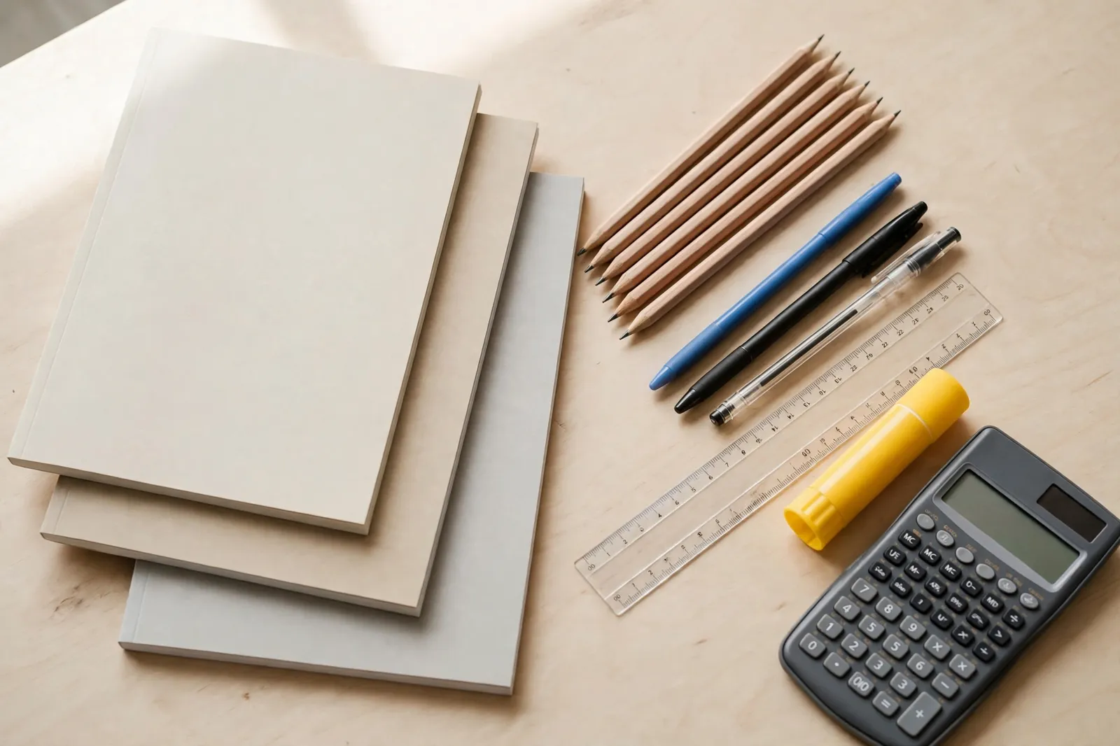 A flat lay of school stationery including exercise books, pens and a calculator
