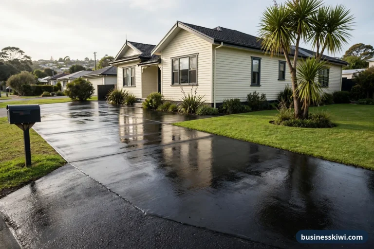 Freshly sealed concrete driveway with a wet-look finish in front of a weatherboard home in a New Zealand suburb