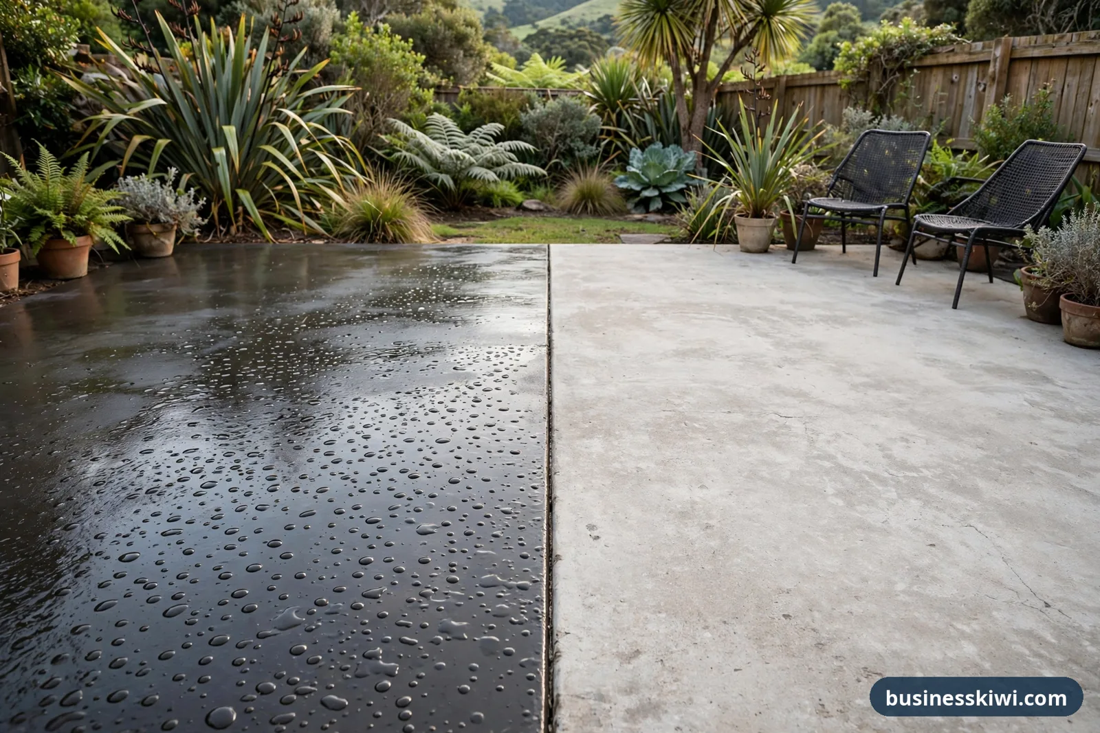 Sealed concrete patio on the left with water beading on the surface, beside pale unsealed concrete on the right, in a New Zealand garden