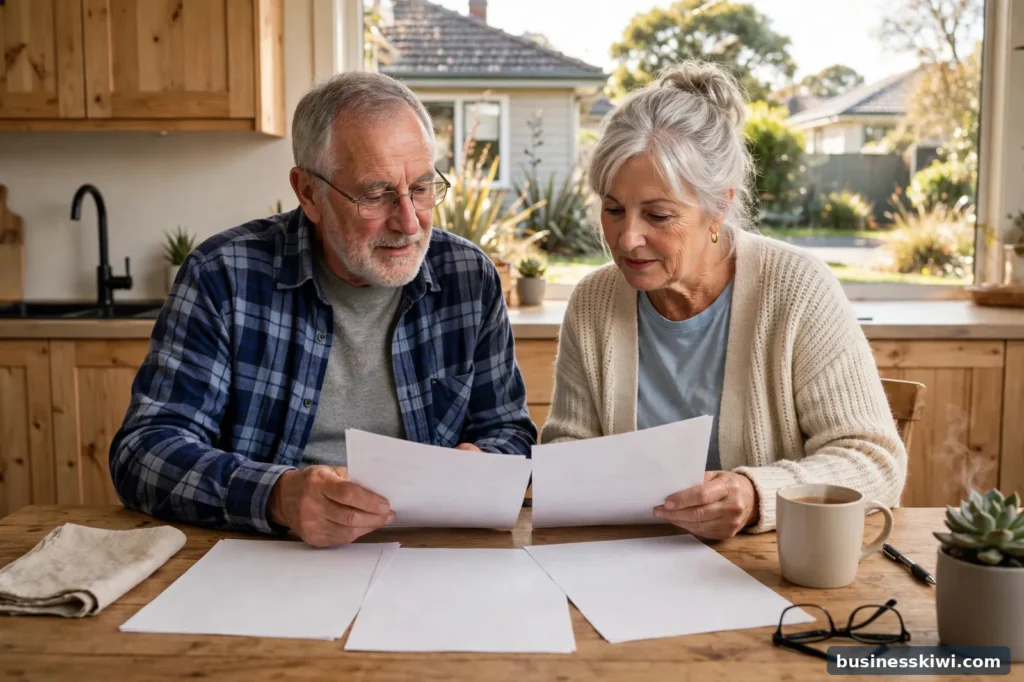 A retired couple reviewing loan documents at their kitchen table