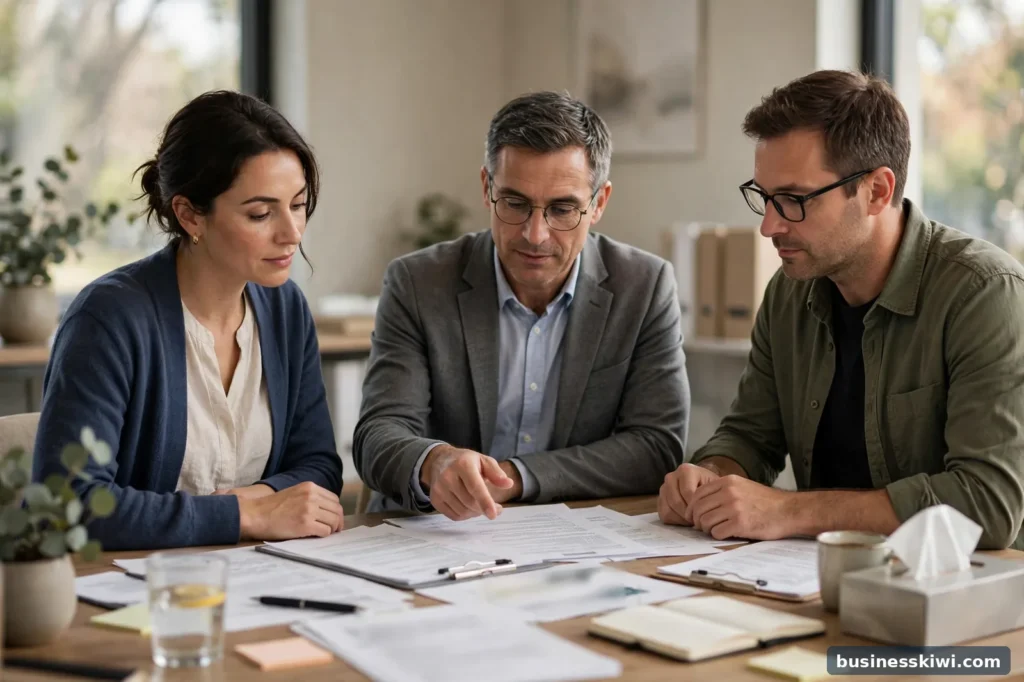 Two people reviewing separation paperwork with a mediator