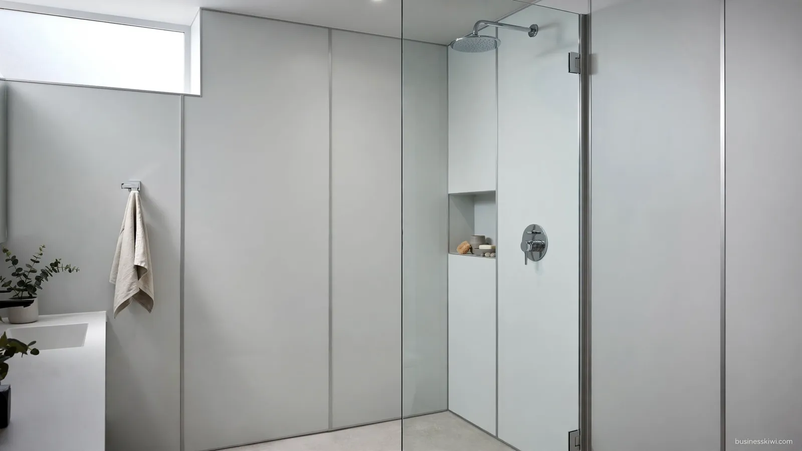 A shower lined with waterproof wall panels