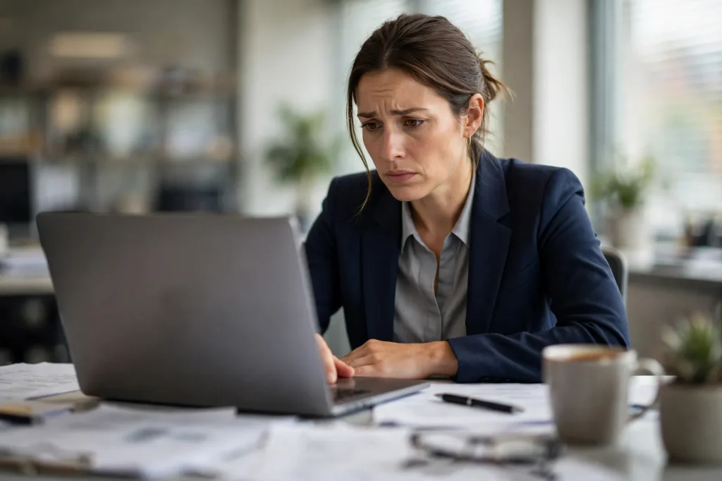 A manager reviewing a sick leave request at her desk
