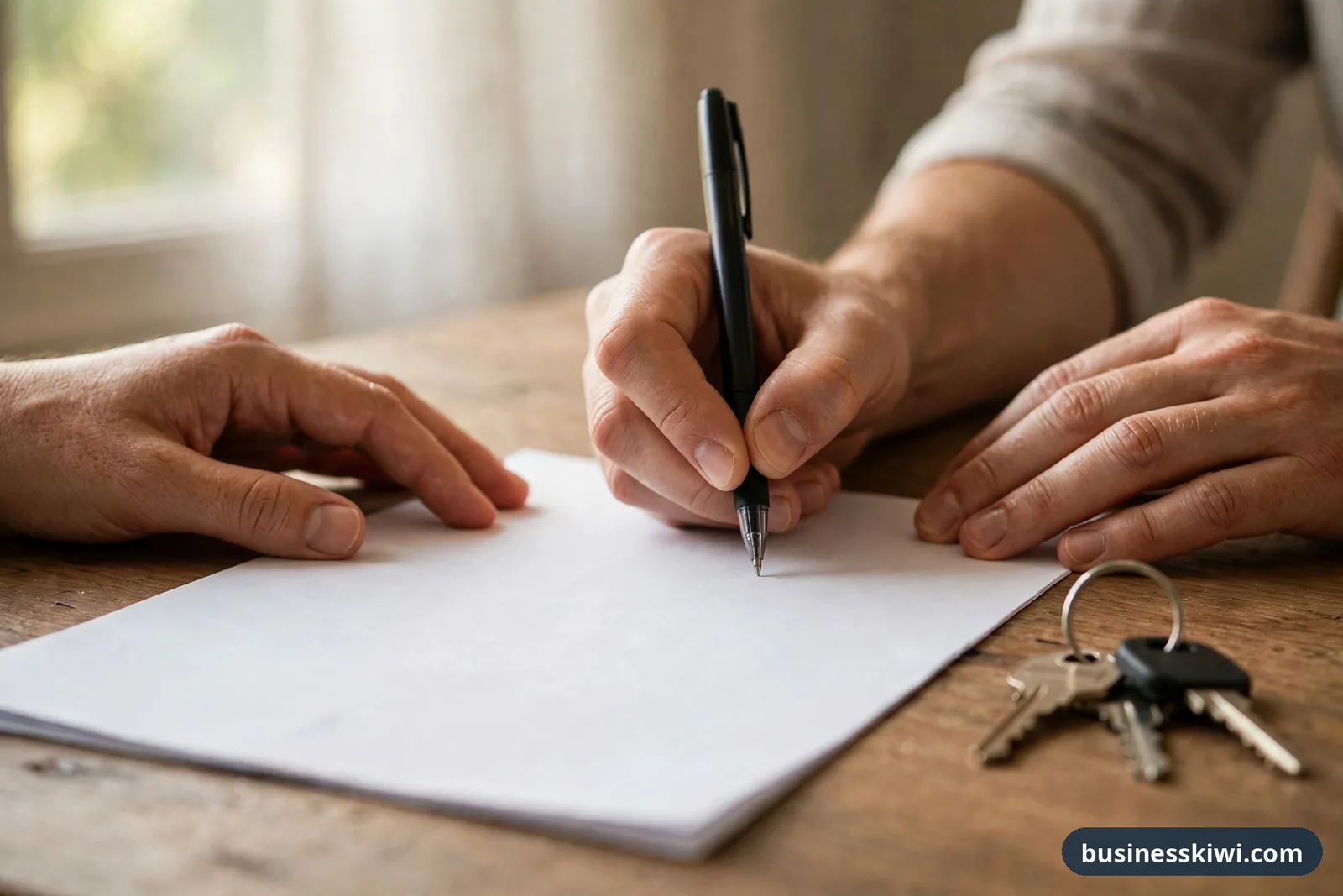 Hands signing home loan documents with a set of house keys on the table businesskiwi.com