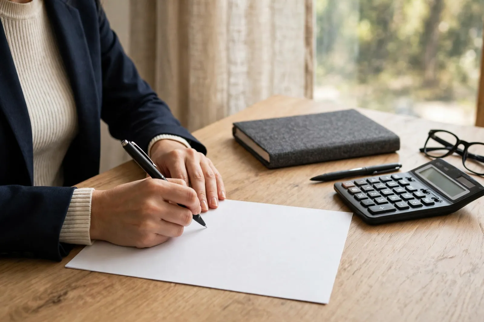 A client signing a fee agreement at a lawyer's desk with a calculator