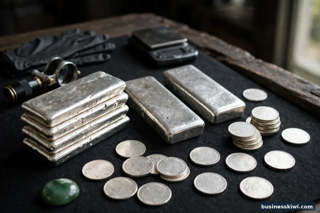 Silver bars and coins at a dealer