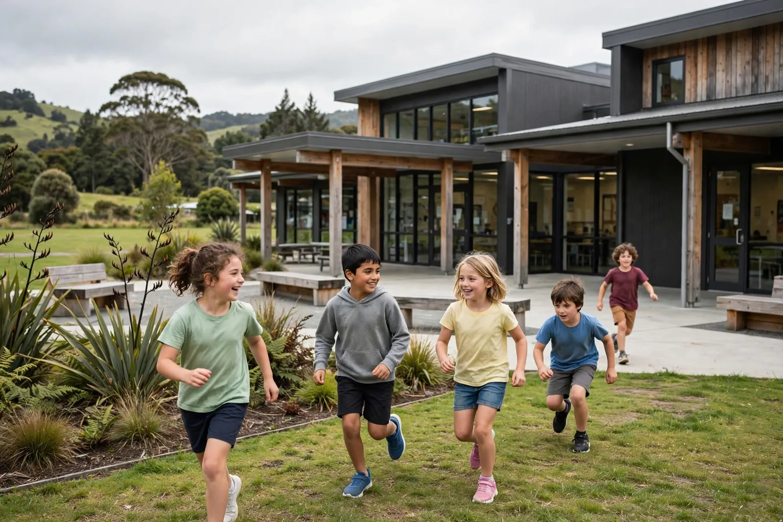 Primary school children playing outside their school