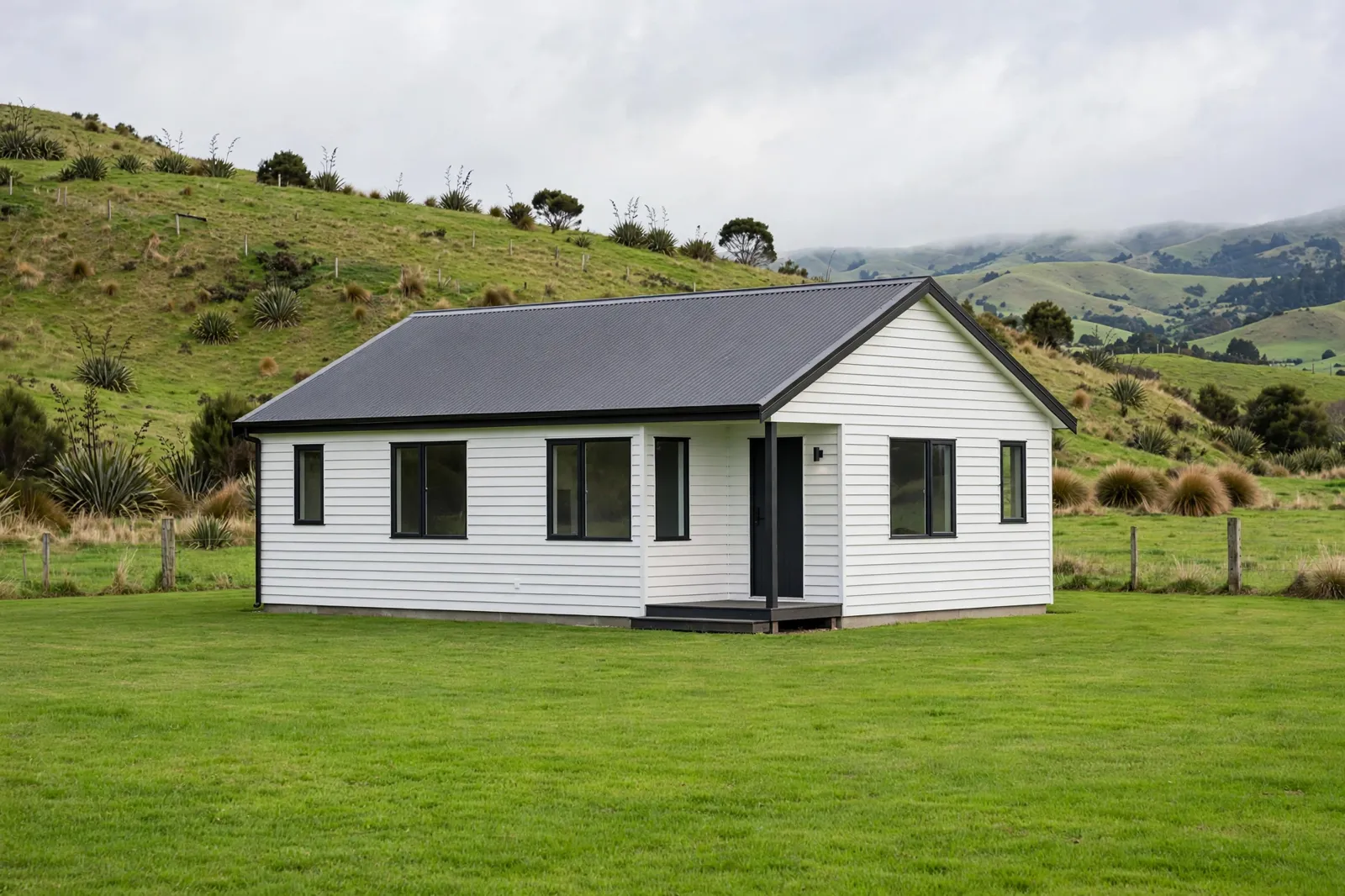 A simple new weatherboard home on a flat section