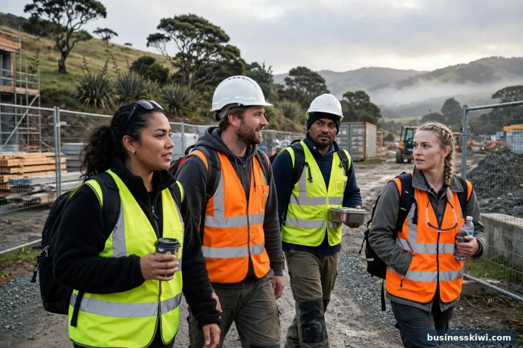 Temporary workers arriving at a work site