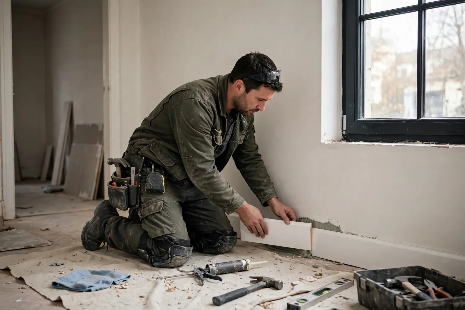 A builder fitting a skirting board along a wall