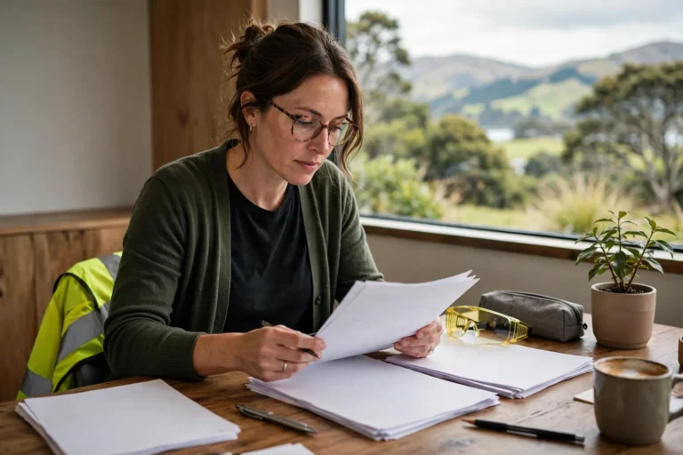A small business owner reviewing health and safety documents