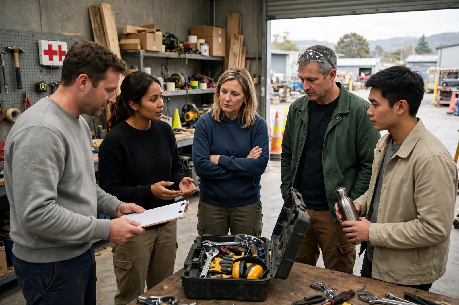 A small business team discussing health and safety