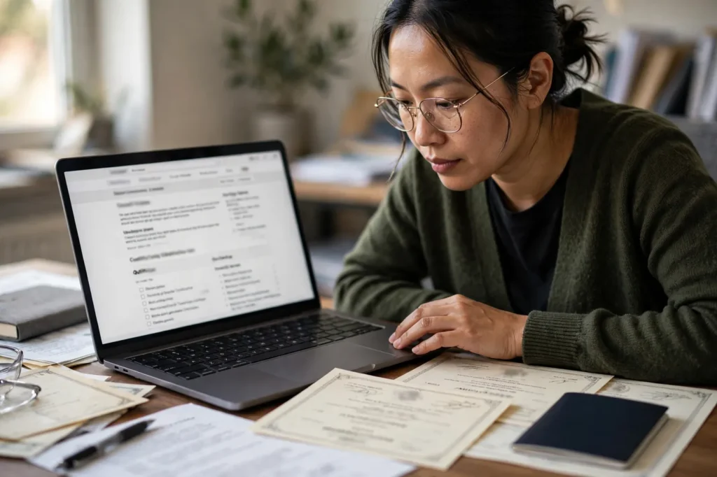 A skilled migrant checking the SMC points criteria on a laptop