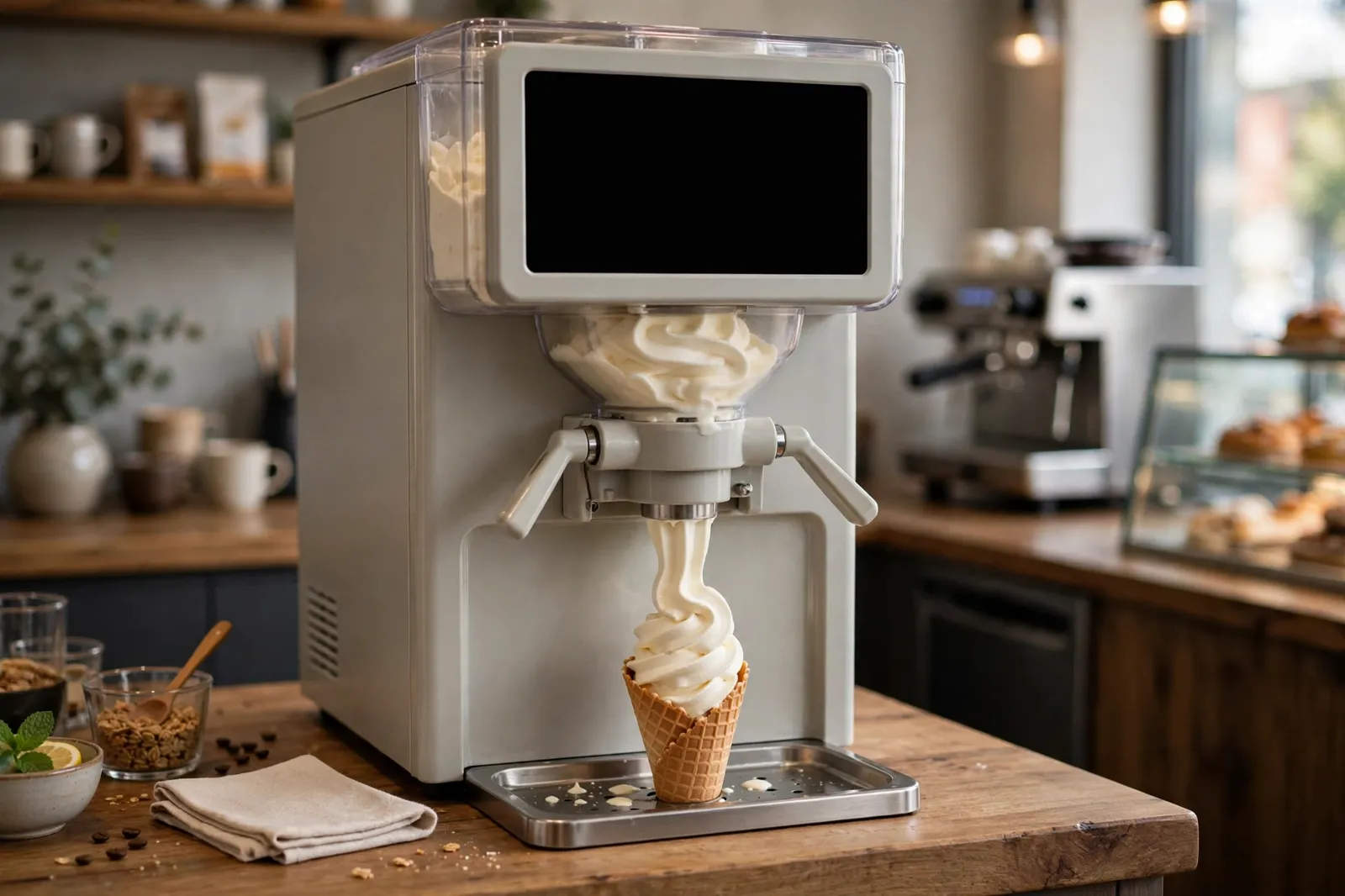 Soft serve machine on a cafe counter