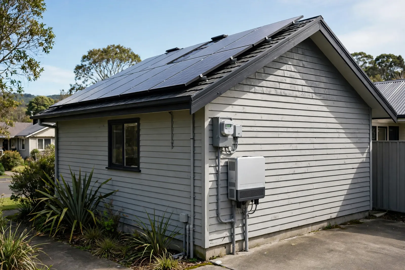 Rooftop solar panels with a smart meter and inverter on a New Zealand home