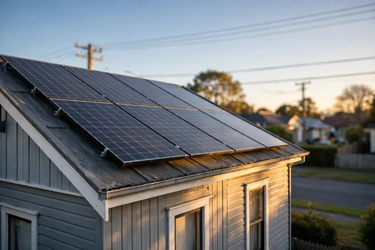 Rooftop solar panels on a New Zealand home sending surplus power back to the grid
