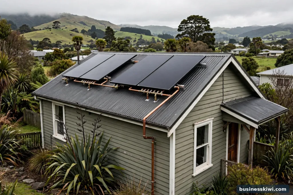 Solar hot water collectors on a house roof